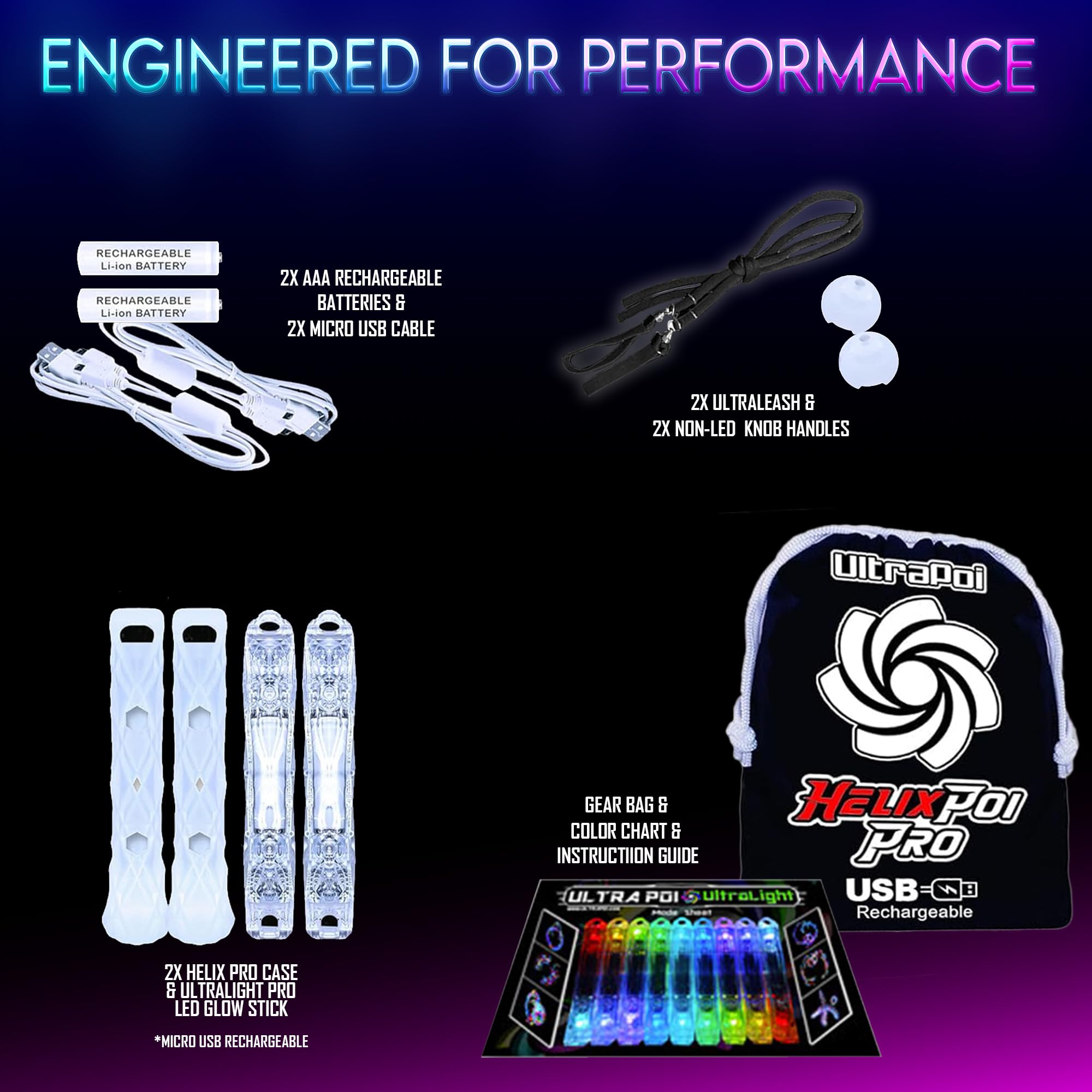 UltraPoi HelixPoi Pro Set – Rechargeable LED Poi w/ 50+ Color Modes – Spinning Light Flow Toys w/Non-LED Knob Handles, Soft Cases & Adjustable Leashes – Visual Poi for Rave, Parties & Performance