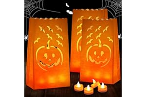 YMDOBIGER Luminary Bags with LED Tea Lights, Pumpkin Paper Candle Lantern Bags Flameless Tealights for Indoor Outdoor Thanksgiving Halloween Decoration, 12 Sets