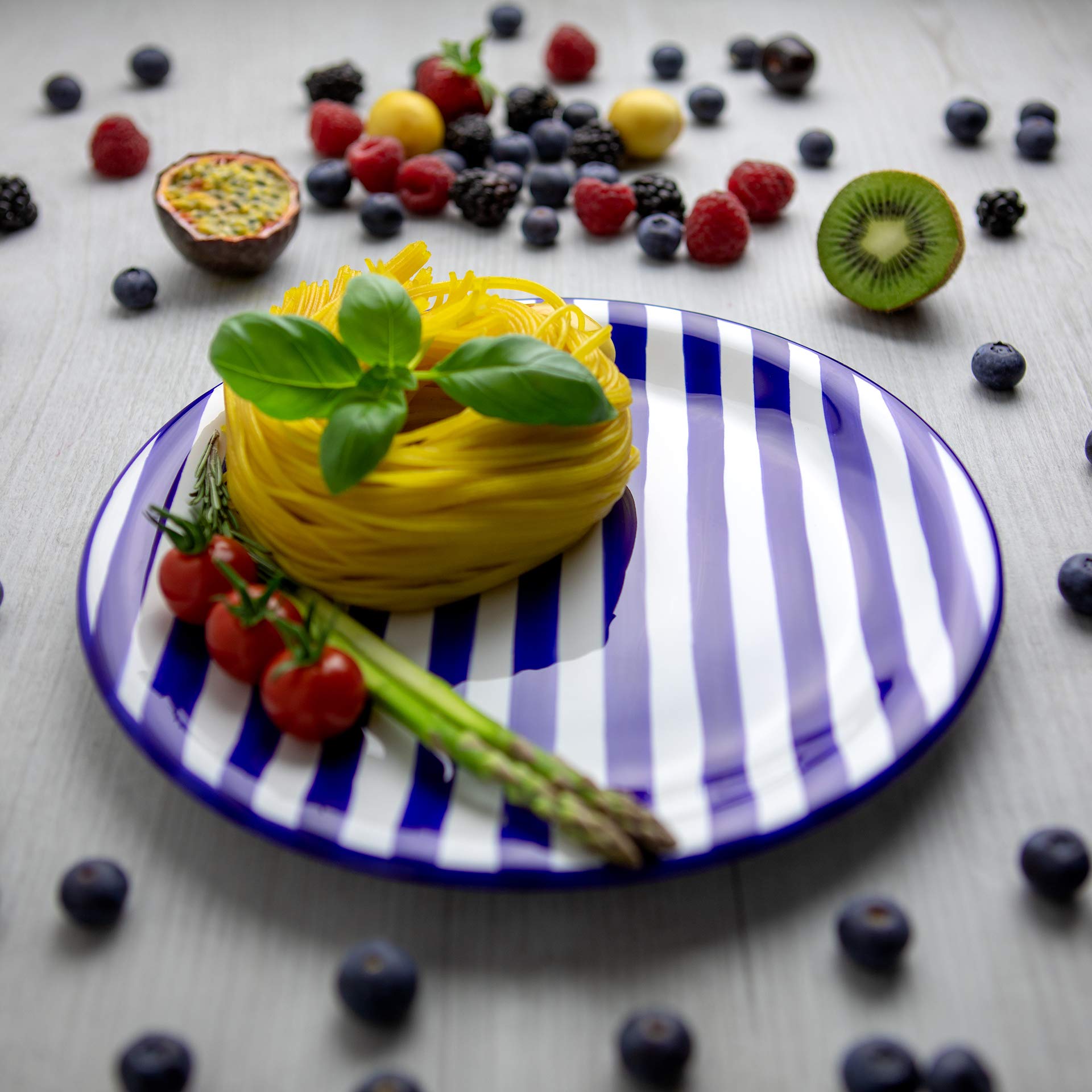 City to Cottage® Navy Blue Striped Pottery | Handmade Hand Painted | Glazed Ceramic 10inch/25.5cm Flat Dinner Plate | Unique Dinnerware