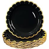 HEIPINIUYE 50 Pieces Black Paper Plates with Gold Foil 7 Inch Disposable Black Scalloped Dinner Plates for Wedding Baby Shower Birthday Party Dessert Plate