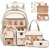 4PCS Capybara Backpack for Girls Kids with Lunch Box &amp; Lunch Bag (Beige) | Kapybara Bookbag w/ Lunch Bag &amp; Pencil Pouch &amp; Bento Snack Box for Girls &amp; Boys, Schoolbag for Kindergarten Elementary School