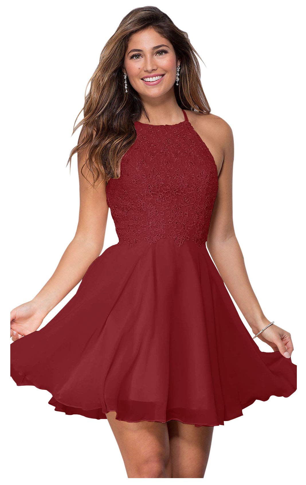 Women's Halter Beaded Chiffon Knee Length Prom Dress Lace Short Evening