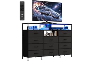 Dresser for Bedroom with 11 Fabric Drawers, 55 ” w Dresser TV Stand with Power Outlet & LED Lights for 65 Inch TV, Wood Top, 
