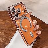 JBJZYZZ Magnetic Clear Glitter Case for iPhone 17 Pro Max Compatible with MagSafe Diamond Camera Lens Covers Women Cute Clear Glitter Diamond Rhinestone Sparkly Case for iPhone 17 Pro Max,Orange