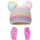 Girls Knit Beanie Hat and Glove Set Tie Dye Rainbow Pom Pom Beanies for Kids Winter Snow Ski Hats Caps 7-12 Years
