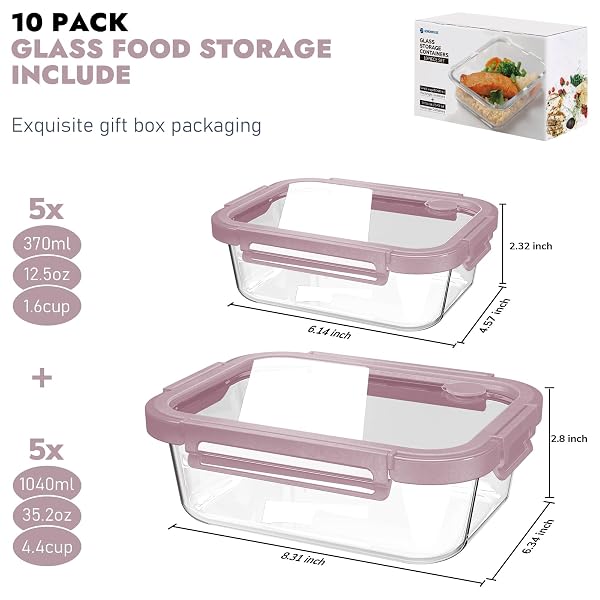 BOROHOUSE 10-PACK GLASS FOOD STORAGE CONTAINERS WITH TEMPERED LIDS – BOROSILICATE, AIRTIGHT, OVEN-SAFE (-4°F~950°F), BPA-FREE, 4.4 & 1.6 CUP, LEAK-PROOF, DISHWASHER SAFE (PINK)
