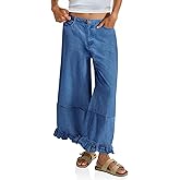 Cicy Bell Womens Ruffle Wide Leg Jeans Cropped Elastic High Waisted Baggy Denim Pants with Pockets