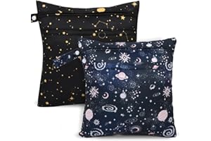 SANFERGE 2pcs Cloth Diaper Wet Dry Bags, Waterproof Reusable Wet Bag with 2 Zipper Pockets & Handle, Washable Laundry Bags for Baby Adult Clothes Travel Beach Pool Daycare Yoga Gym Exercise Swimsuits,