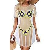 elescat Women's Beach Cover Up Bikini Printed Short Sleeve Tshirt Dress Baggy Cute Coverups