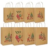 KWZESLE 12 PCS Christmas Kraft Gift Bags, Holiday Paper Goody Bags for Present Wrapping, Xmas Decor Supplies, Classrooms, Weddings, Party Favors (Christmas, 3.15 * 6.3 * 8.6in)