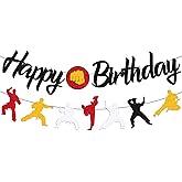 Karate Birthday Banner Taekwondo Themed Happy Birthday Decorations for Men Women Kids Boy Girl Bday Party Decorations Black Glitter Supplies