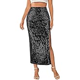 Haoohu Women's Sparkly Sequin Maxi Skirt High Waist Side Slit Bodycon Fit Stretch Long Skirts Night Out Party Clubwear