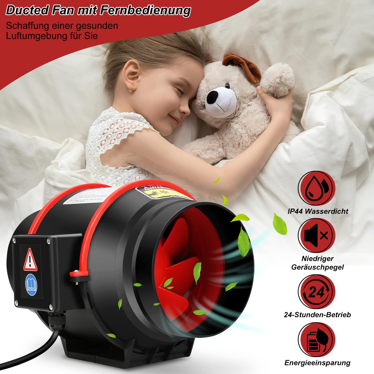 Ikodm 100 mm Einstellbar Rauchabzug Rohrventilator Inline-Kanalventilator, 320 m3/h Abluftventilator Lüfter Leise mit Fernsteuerung, EU-Stecker Für Bad,WC,Küche,Gewächshaus,Zelt,Garage 3