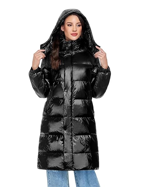 UIKUE WOMENS PUFFER COATS – LONG WINTER QUILTED JACKET FULL ZIP WINDPROOF PUFFY COAT THICK WARM OUTERWEAR HOODED PARKA WITH POCKETS(GLOSSY BLACK,S)