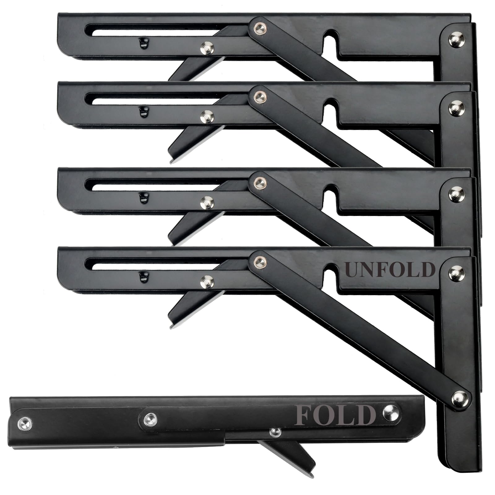 ZOENHOU 4 PCS 8 Inch Folding Shelf Brackets, Heavy Duty Shelf Brackets with Mounting Hardware, Metal Black Triangle Bracket for Bench Table, Wall Mounted Shelving Bracket, 50kg Load Capacity