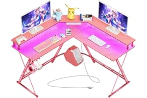 SEVEN WARRIOR Gaming Desk 50.4” with LED Light & Power Outlets, L-Shaped Gaming Desk Carbon Fiber Surface with Monitor Stand,