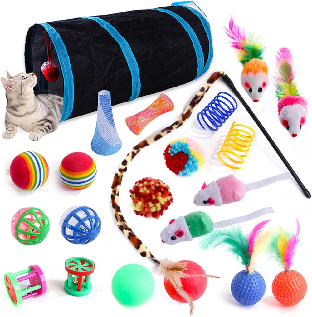Wefine 22 Pcs Cat Toys Indoor Kitten Interactive Tunnel Feather Wand Ball Set