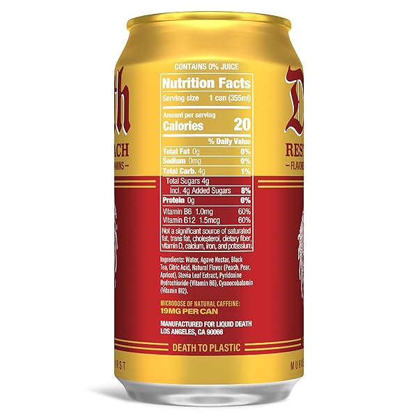 LIQUID DEATH ICED TEA – REST IN PEACH (PEACH-FLAVORED BLACK TEA), LESS SUGAR*, BOOST OF CAFFEINE, B VITAMINS, NO ARTIFICIAL SWEETENERS, 12 FL OZ (PACK OF 12)