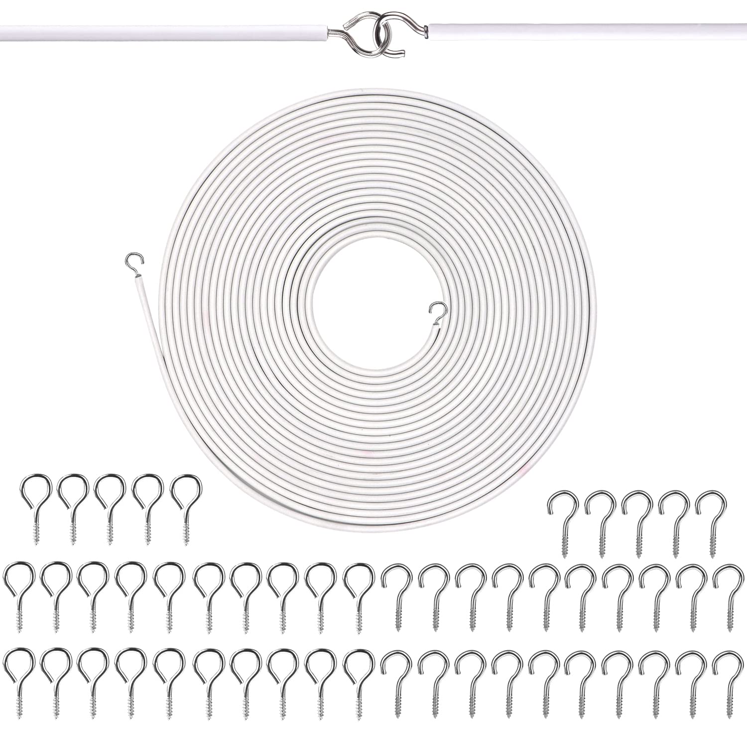 GGOUPTY Net Curtain Wire 15 M Length with 25 Eyes 25 Hooks White Hanging Cord Kit Multipurpose Wire Cord for Hanging Net Curtain Photos Crafts