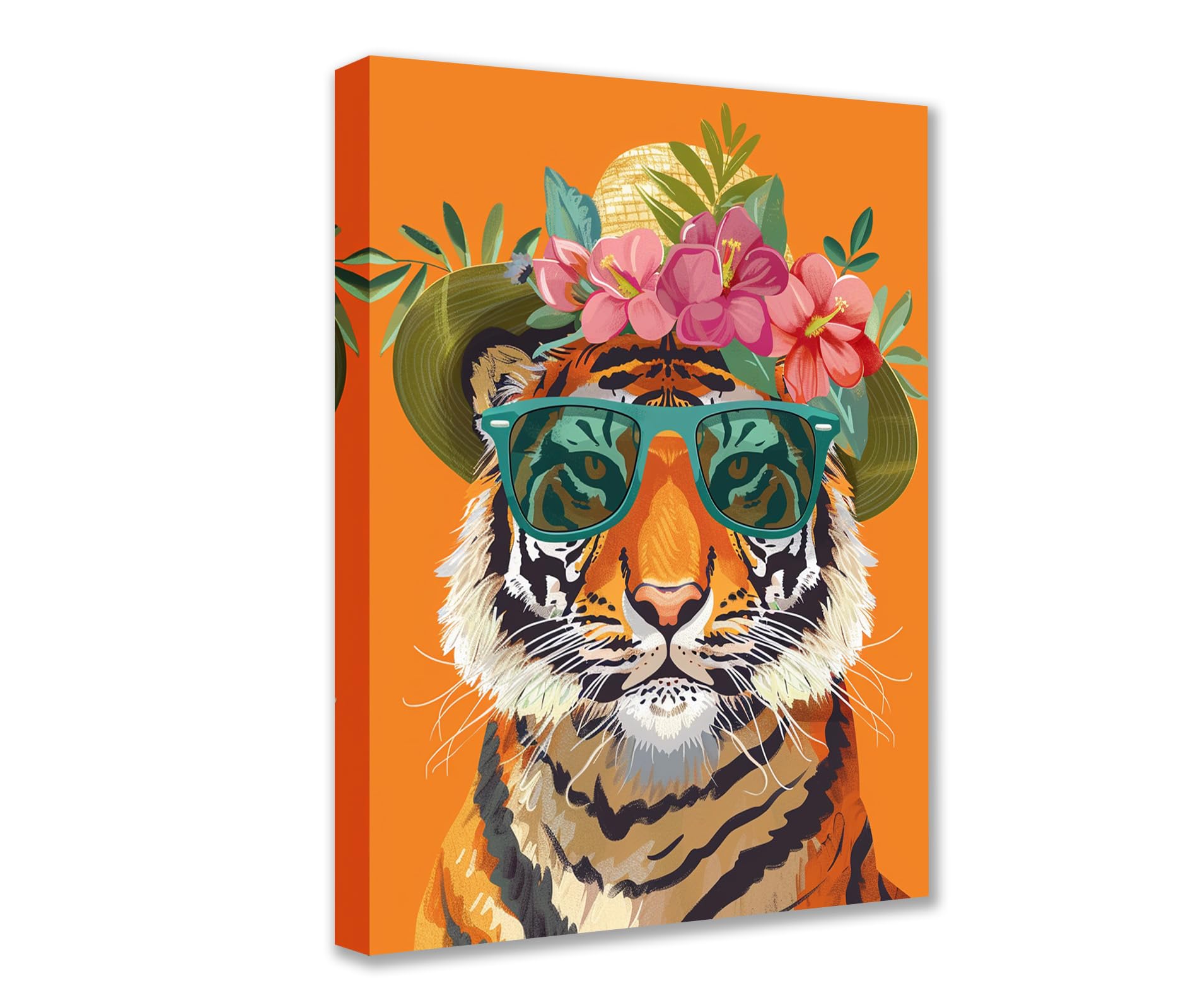 Walarky Cute Animal Poster Prints Artwork Tiger Wear Shades and Flowers Straw Hat 1P Canvas Room Wall Creative Pictures Home Decor for Living Room Framed Gallery-Wrapped Ready to Hang 16x24inch