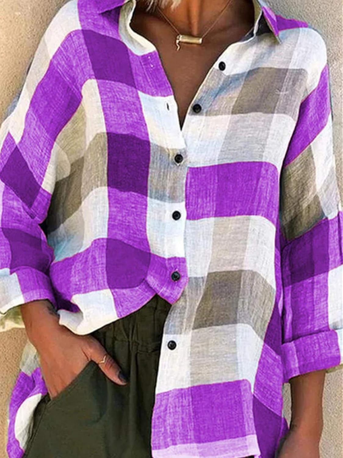 Women's Check Shirt, Casual Long Sleeve Check Long Sleeve Collar Ladies