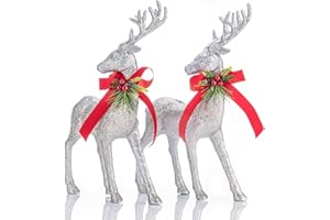 GEDLIRE Christmas Reindeer Figurine Decorations 2 Pcs, 12.6” Holiday Standing Silver Deer Statues with Red Bow, Glitter Christmas Elk Ornaments for Dinner Tabletop Centerpiece Home Decor