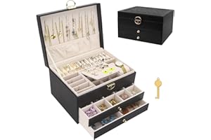 EASYLEE Jewelry Box Organizer, 3 Layers Jewelry Storage Case Lockable, PU Leather & Soft Lined Jewellery Holder for Necklace 