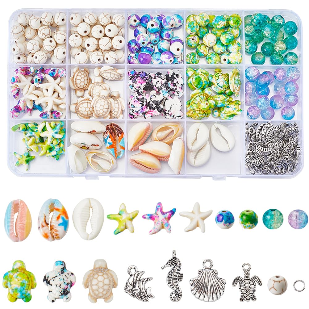 SUNNYCLUE 1 Box 260Pcs Summer Bead Kit Sea Turtle Bead Starfish Beads Natural Cowrie Shell Beads Ocean Charm Fish Seahorse Turtles Charms Turquoise Beads for Jewellery Making Kits Adults DIY Supplies
