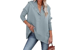 MODARANI Women Button Up V Neck Hoodies Oversized Pullover Sweatshirt Hooded Tops with Pockets