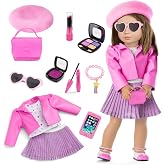 American 18 Inch Doll Makeup Accessories Clothes Tote Bag Set for 18" Dolls | Include Berets Outfits Sunglasses Phone Eye Shadow Lipstick Blusher Bracelets Eyelash Brush Toy Stuff (No Doll And Shoes)