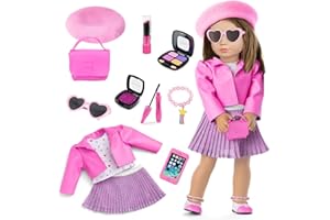UZIDBTO American 18 Inch Doll Makeup Accessories And Clothes,Tote Bag Set For 18" Dolls Include Berets Outfits Sunglasses Phone Eye Shadow Lipstick Blusher Bracelets Eyelash Brush Toy Stuff(No Doll And Shoes)