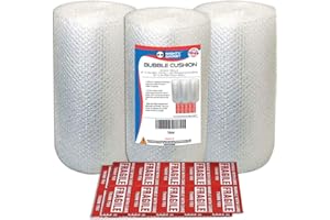 3 Pack Mighty Gadget Bubble Cushioning Wrap Rolls, Air Bubble, 12 Inch x 72 Feet Total, Perforated Every 12", 20 Bonus Fragile Stickers Included