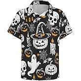 BEYFSJIRI Halloween Button Down Shirt for Men Spooky Pumpkin Skull and Ghost Print Short Sleeve Casual Shirt