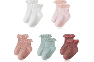 WVD 5 Pairs Toddler Socks Girls Baby Socks, Non Slip Ruffle Socks Baby Girls Socks, Cute Newborn Socks Girls Infant Socks wit
