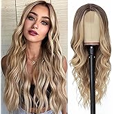 Tumhorn Long Brown Wigs Natural Lace Front Layered Blonde Wavy Hair Wigs for Women Synthetic Brown Ombre Blonde Curly Wig for Cosplay Costume Halloween 26 Inch