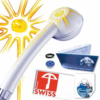 Duschkopf für Durchlauferhitzer SOLEIL: kräftiger Strahl, verkalkungsfrei, hygienisch, Schweizer Produktion, 1 Regler für 2 D