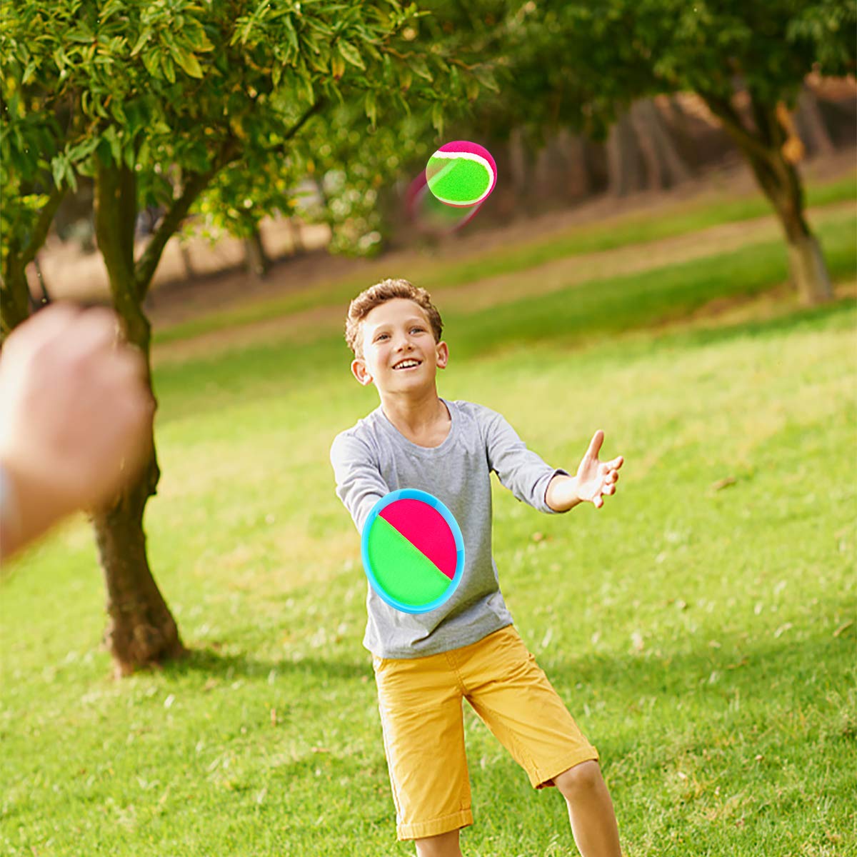 Ayeboovi Paddle Toss and Catch Ball Set - Self Stick Paddle Game with 4 Paddles, 4 Balls and 1 Storage Bag