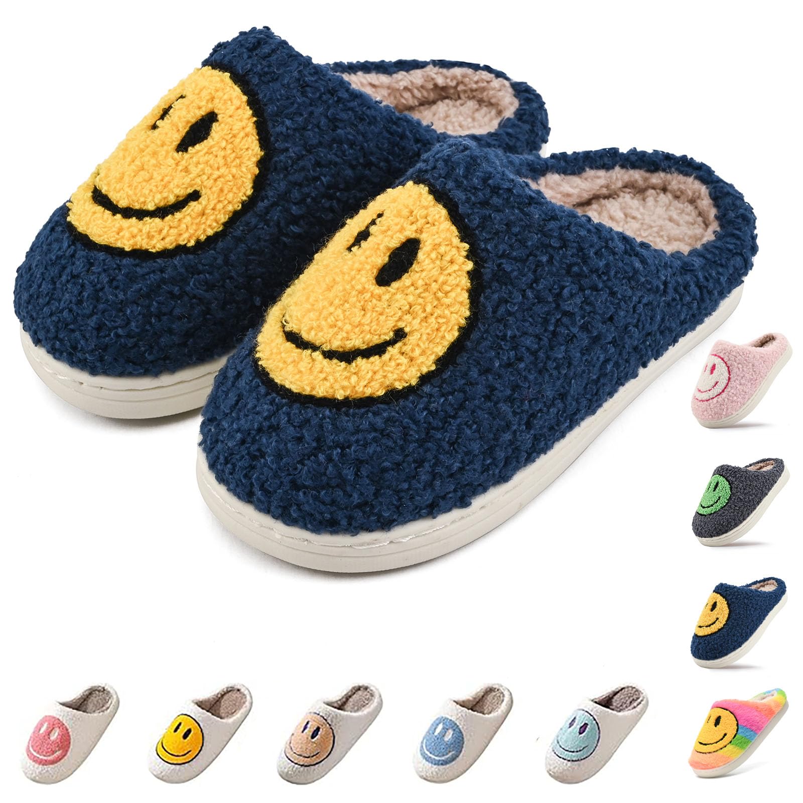 Photo 1 of Cute Smile Face Kids' Plush Non-Slip Toddler Warm House Slippers - Little Kids Cartoon Smile Slippers - Indoor/Outdoor Navy Blue 2627