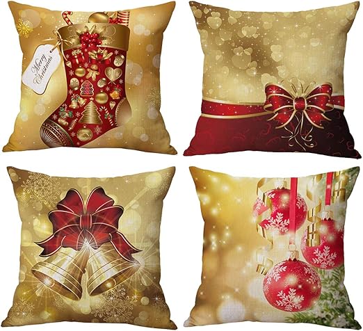 Amazon Com Gold Christmas Bows And Bells Throw Pillow Covers Set