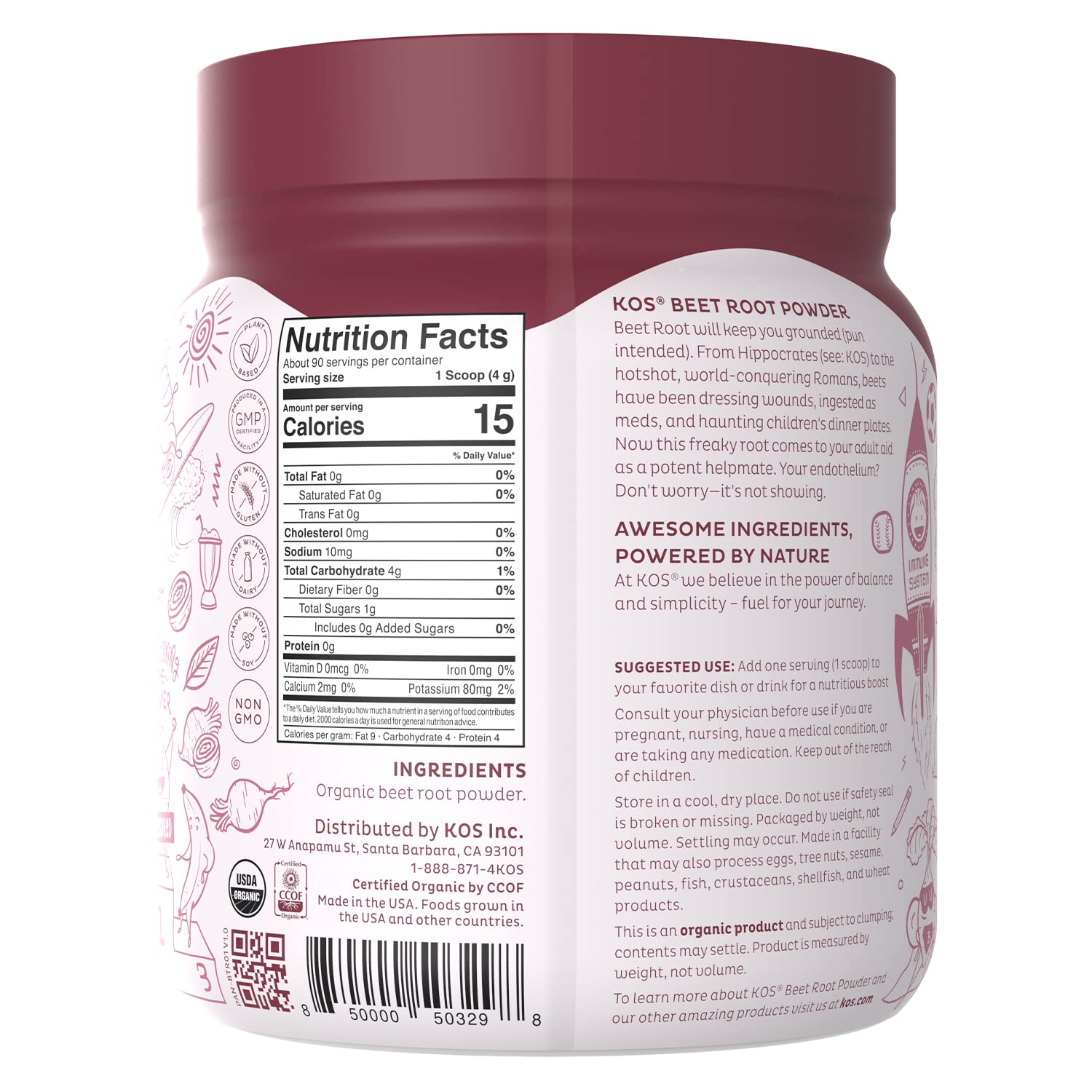 KOS Organic Beet Root Powder - USDA Certified, Nitric Oxide Booster, Non-GMO, Gluten & Soy Free - 90 Servings