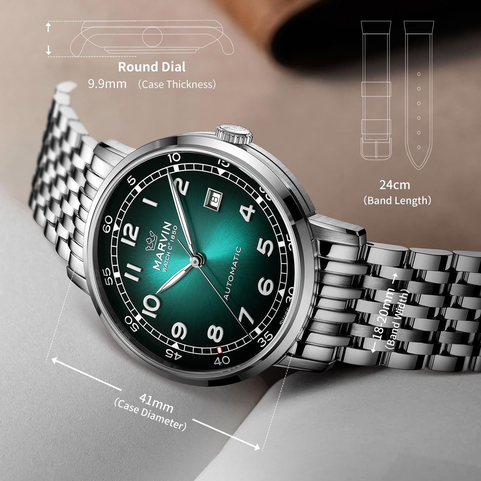 marvin Swiss Automatic Movement Watches for Men Casual Men's Watch with Stainless Steel Strap,Sapphire Glass Dial,Luminous Hands and Hour Markers,50m Waterproof