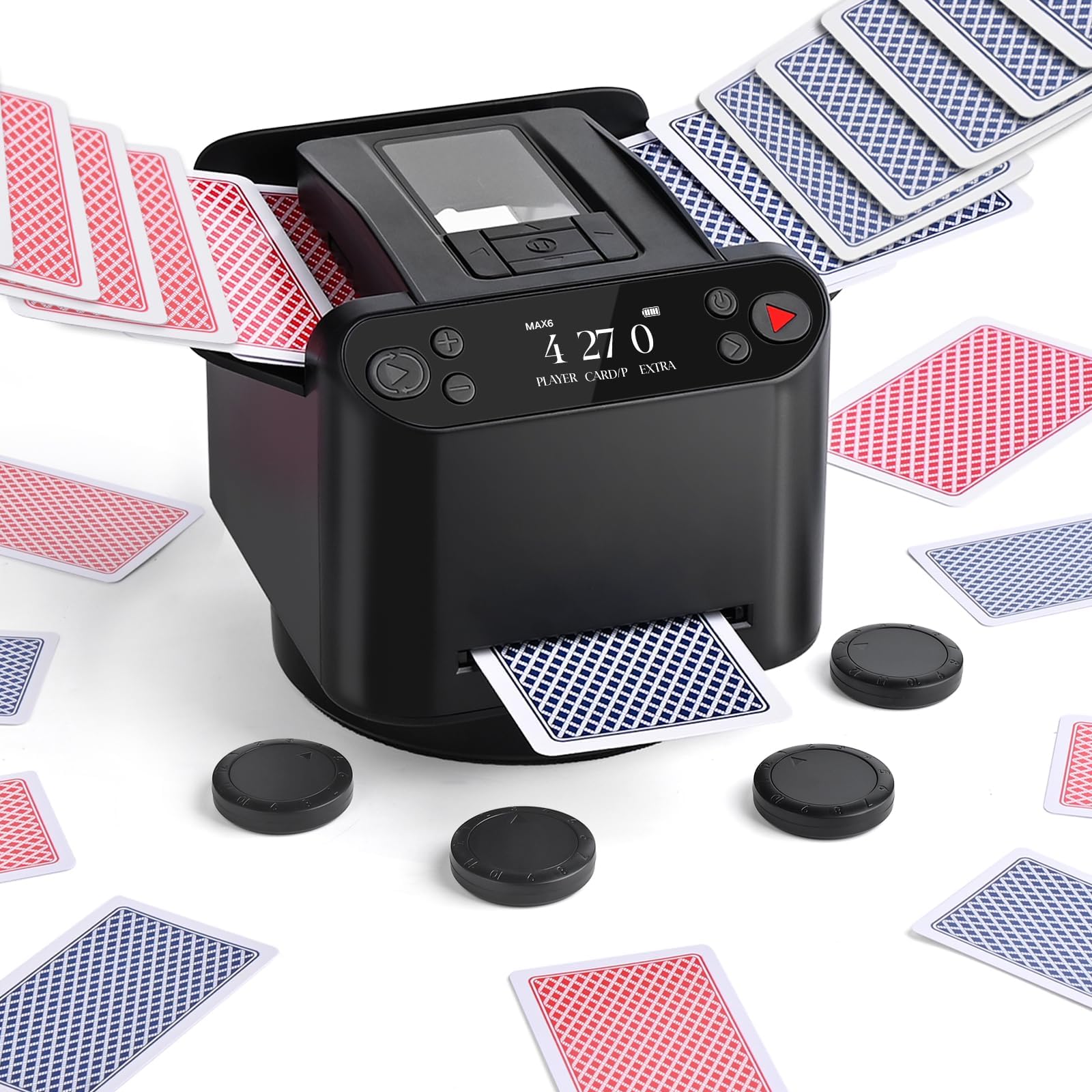 OBLITZON Automatic Card Shuffler and Dealer 2-in-1 for 12 Players, Ultra Quiet, Rechargeable, Remote Card Calling, for Board Games and Poker Games (Black)