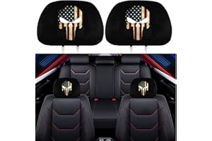 GODTERA 2 Pack Headrest Covers for American Skull Flag, Seat Cover Accessories oft Black Fabric Car Headrest Protector Universal Fit to All Car/Truck Models (American Skull Flag A)