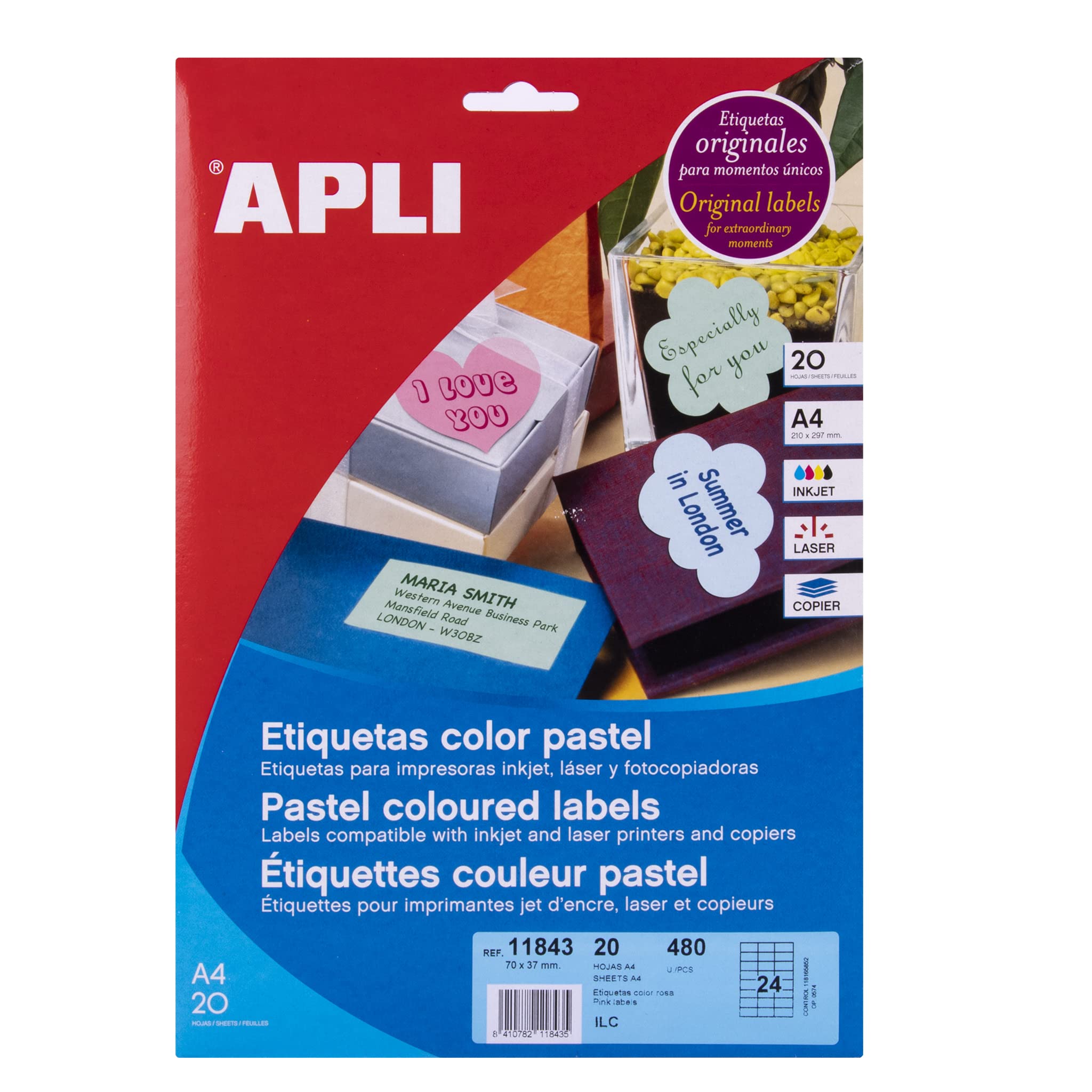 APLI 011843 Multi-Purpose Labels 70 x 37 mm Pastel Pink Pack of 20