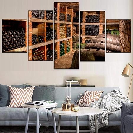 Zzhplanet Raccrocher Toile Hd Imprimer Photos Home Decor 5 Pieces Bouteille De Vin Rouge Chene Baril Cave A Vin Peintures Cuisine Mur Art Affiche Cadre Amazon Fr Cuisine Maison