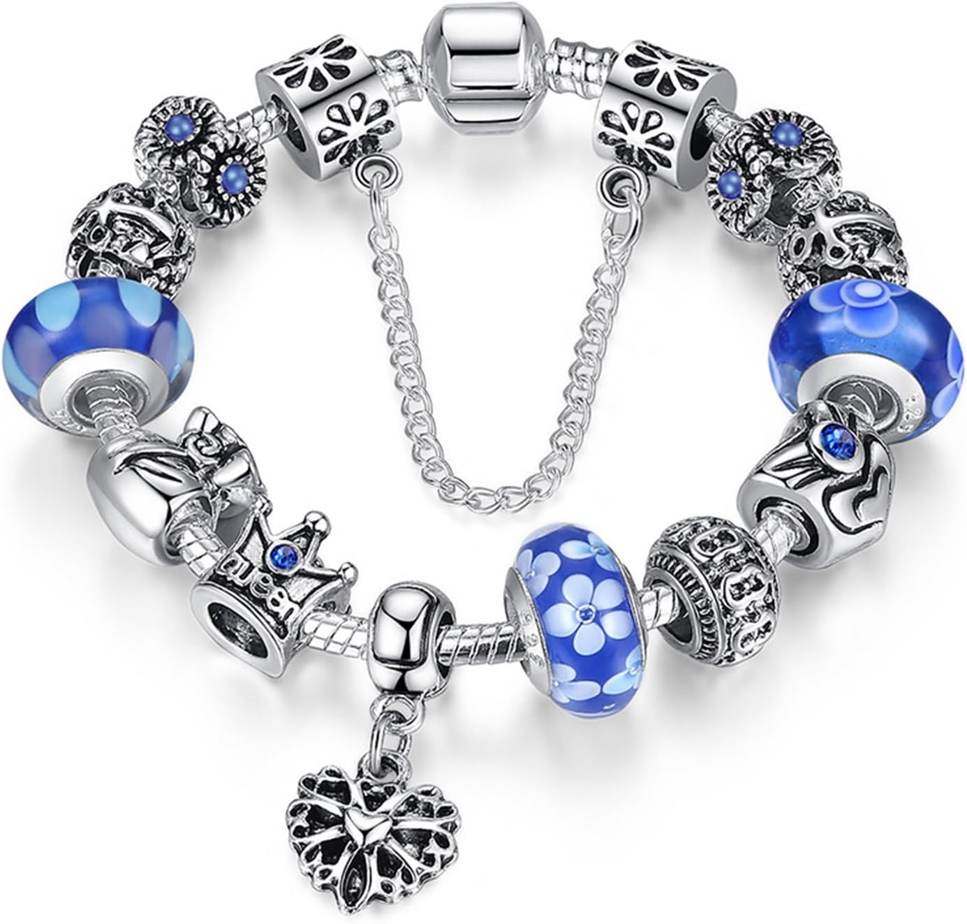 Fun Charm Jewelry Silver Plated Flower Blue Glass Beads Queen Love Heart Pendant Snake Chain Fit Pandora Lucky Charm Bracelet Bangles 20CM