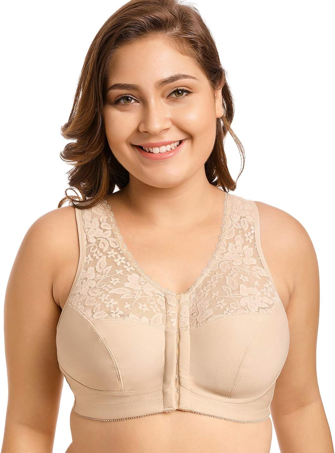 Women's Front Closure Full Figure Wirefree Racerback Lace Plus Size Bra