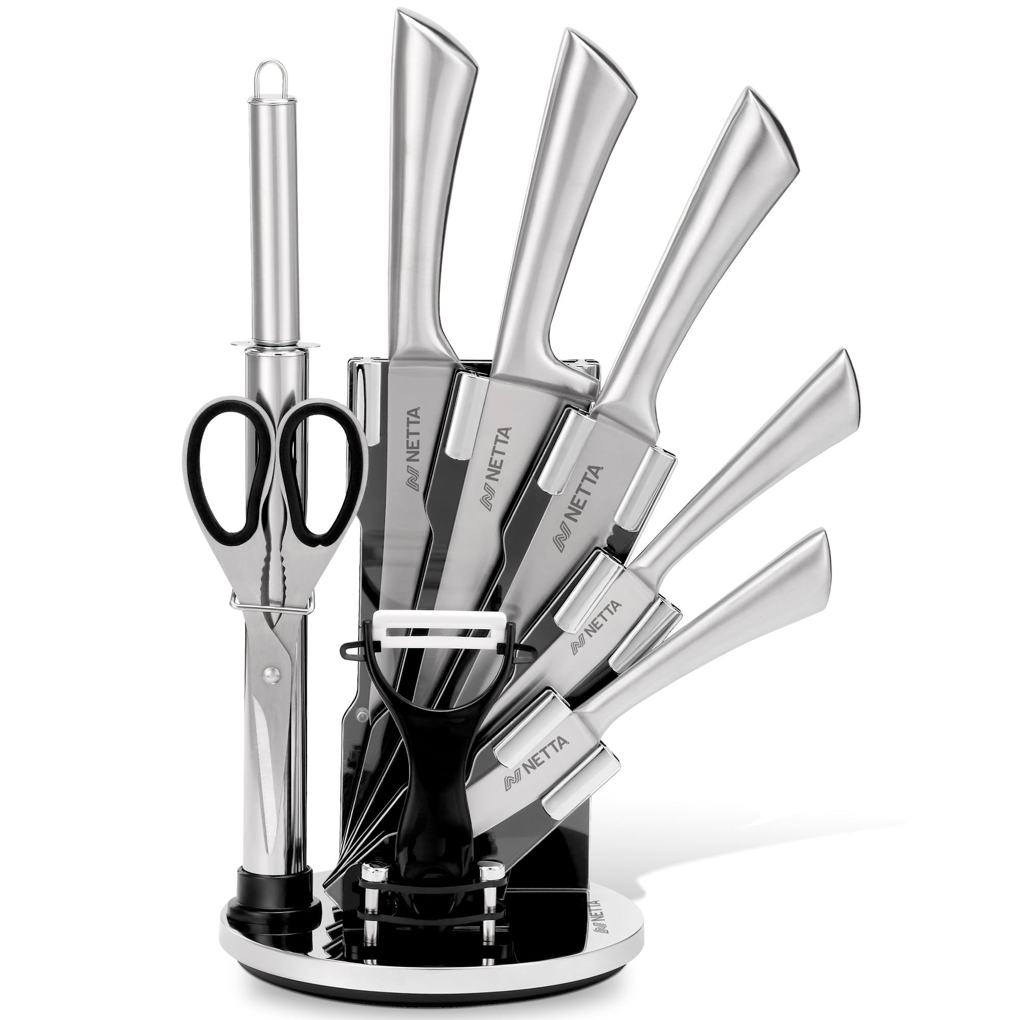 NETTA Kitchen Knife Set with Block - Professional 8-Piece Stainless Steel - Premium Kitchen Set with Clear Storage Block, 5 Knives, Scissors, Knife Sharpener and Potato Peeler