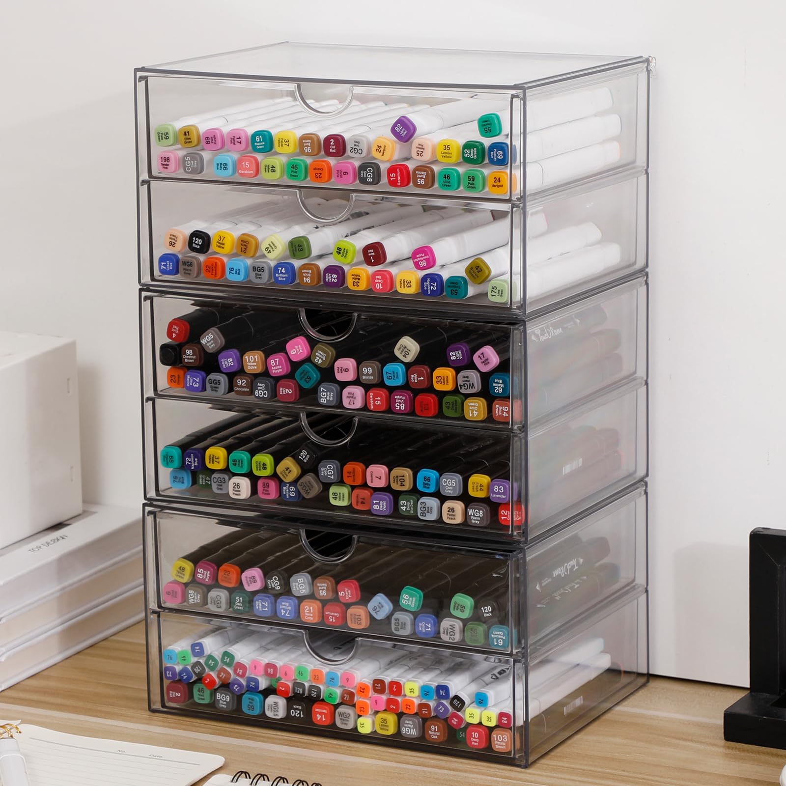 Photo 1 of NINEWEEN Stackable Storage Drawers, Plastic Storage Bins for Home Office, Bathroom, Kitchen, Pantry, Clear Desk Organizer for Accessories, Marker, Pencils, Books, Art Crafts, Makeup (6 Drawers)
