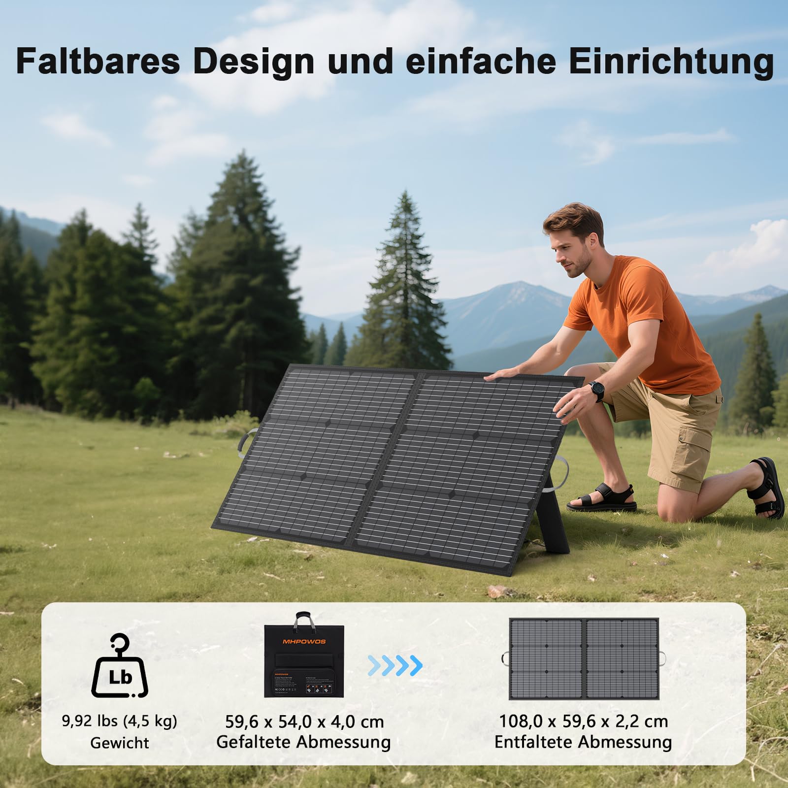 MHPOWOS 220W Tragbares Solarpanel, IP67 Wasserdichtes 40V Monokristallines Faltbares Solarpanel Power Backup, Langlebiges Solar Ladegerät Solarpanel Kit für Powerstation RV Camping Off Grid Angeln 4